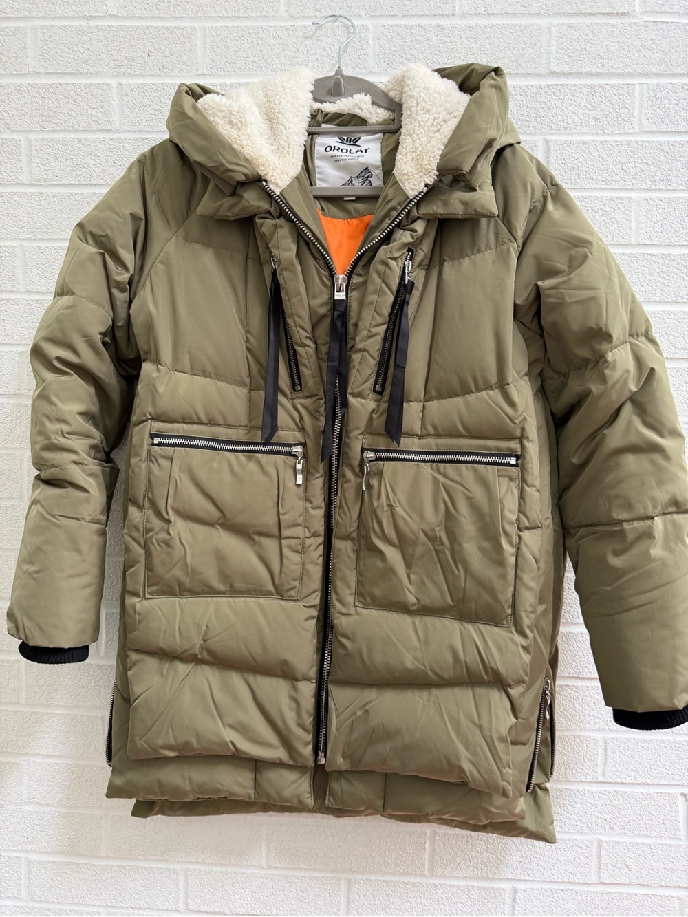 OLAY Women's Olive Green Puffer Coat with Cream Sherpa Hood
